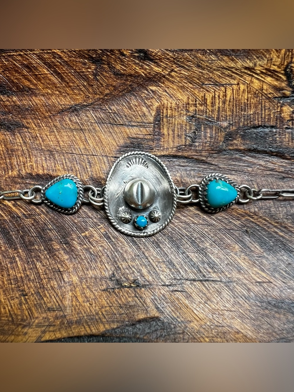 Kingman Turquoise Cowboy Hat Bracelet Sterling Silver Southwestern